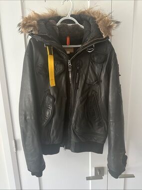 PARAJUMPERS Black Leather Fur Jacket W/ Removable Patch & Fur - Large - USED